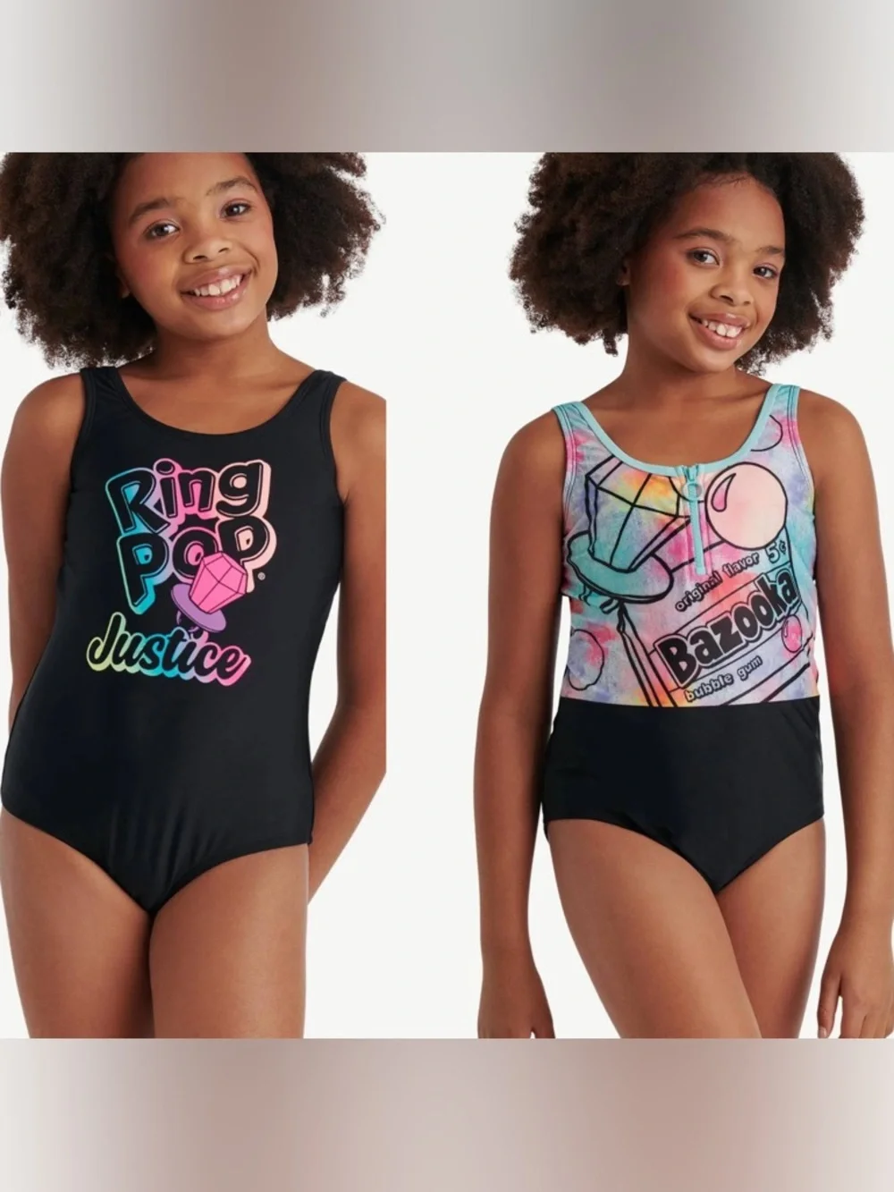 NWT Bundle of‎ 2 Justice Girls' Black Multicolor Ring Pop One-Piece Swimsuits